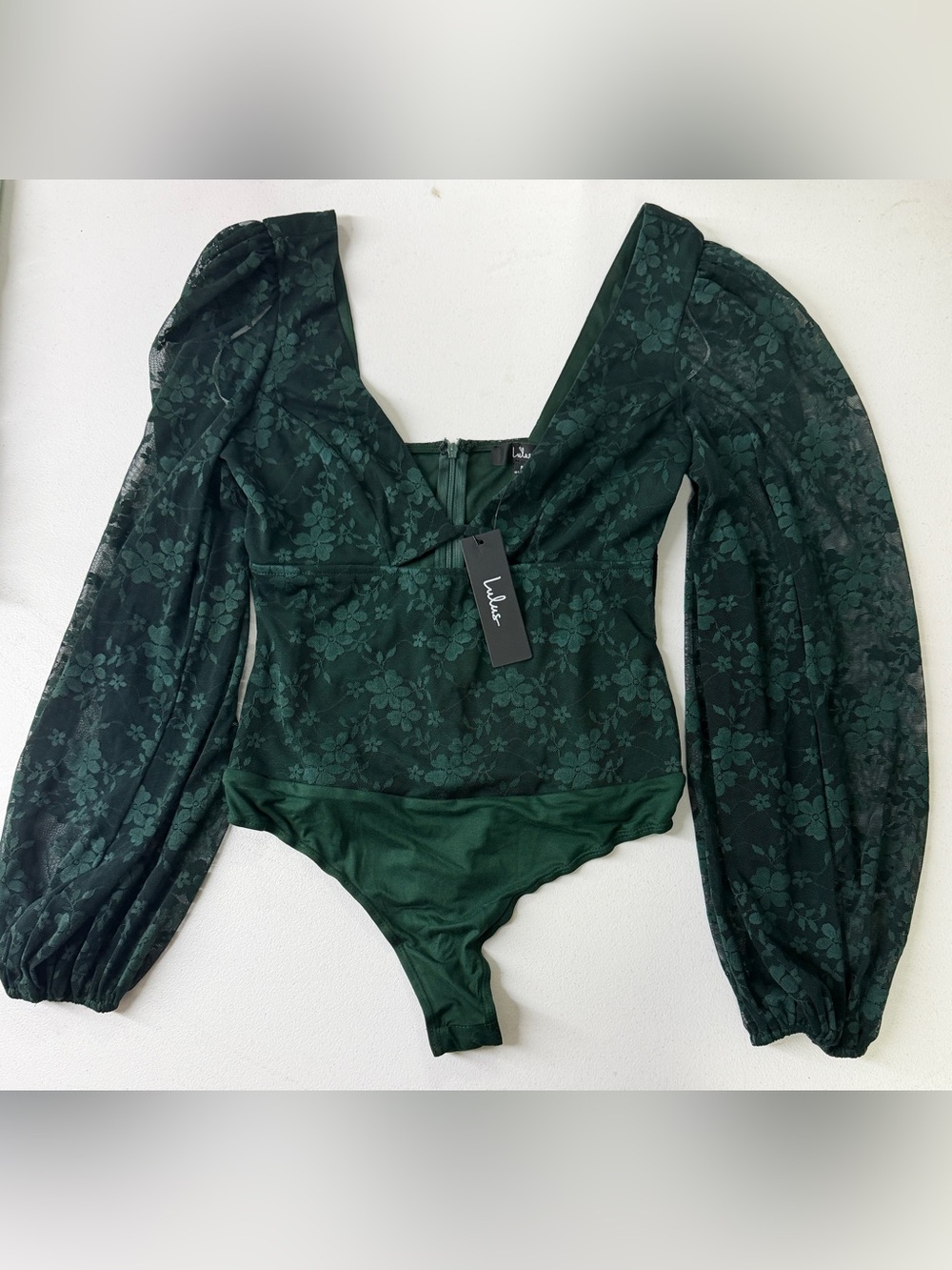 Lulus NWT Dark Green Floral Mesh Long Sleeve Bodysuit Size Small